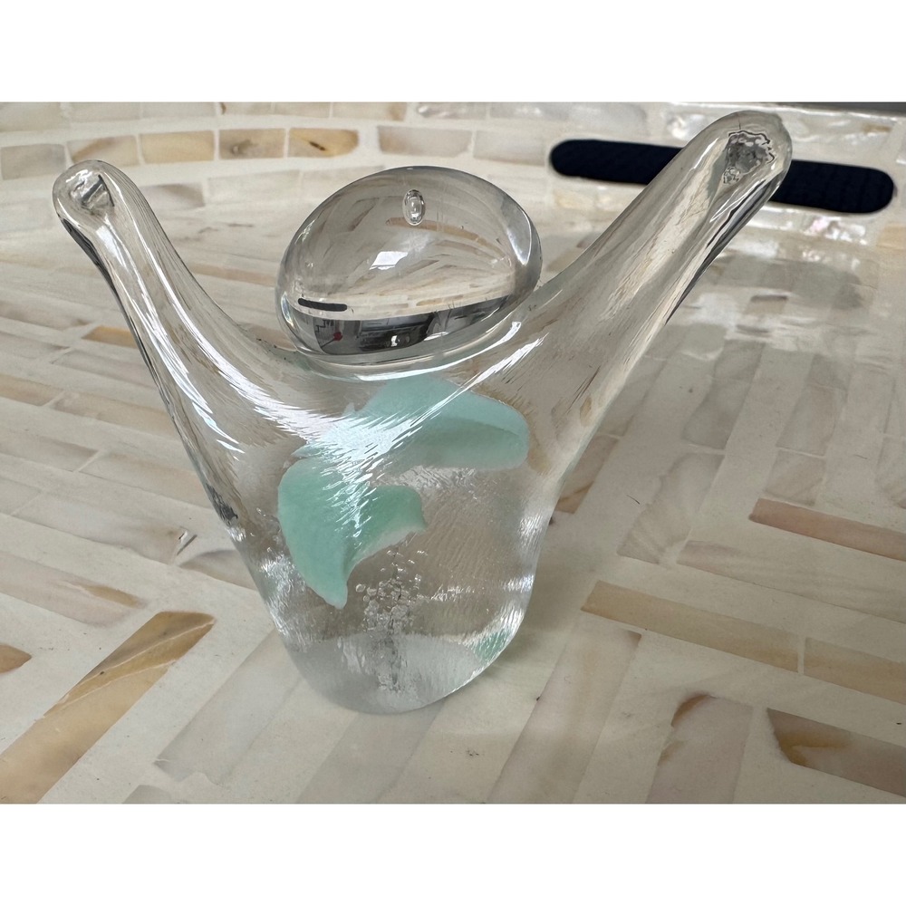 Vintage Clear Art Glass Figural Figurine Paperweight Sculpture Green Accent